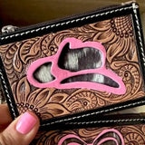 Cowboy Hat Western Cowhide Tooled Leather Keychain Wallet Pink Outline
