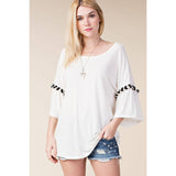 Loose Fit Bell Sleeve Kimono Top with Special Trims in Ivory