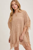 Western Fringed Knit Sweater Poncho | Latte | S/M & M/L