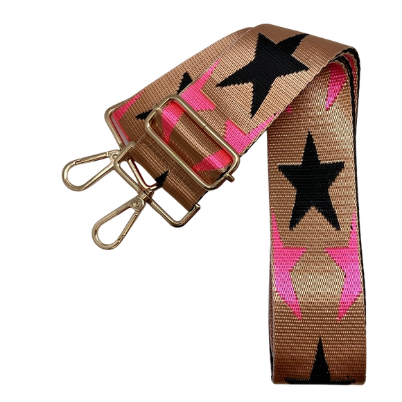 Hot Pink Black Stars Tan Strap Lone Star Adjustable Crossbody Bag Purse Guitar Strap