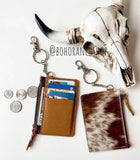 Western Cowhide Leather Keychain Card Cash Wallet Brown and White