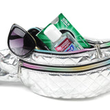 Quilted Metallic Silver Waist Fanny Pack with Iridescent Zippers