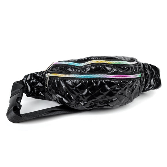 Quilted Black Waist Fanny Pack with Iridescent Zippers