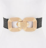 Black & Gold Square Metal Buckle Elastic Belt