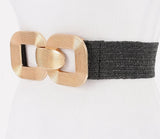 Black & Gold Square Metal Buckle Elastic Belt