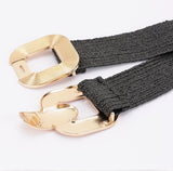 Black & Gold Square Metal Buckle Elastic Belt