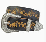 Vintage Hand-Painted Tooled Belt | Silver Buckle Set | Leatherette | Western
