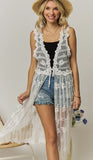 Floral Lace Longline Open-Front Vest White