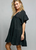 V-Neck Ruffle Shirring Cotton Dress | Short Sleeve Everyday Dress