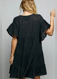 V-Neck Ruffle Shirring Cotton Dress | Short Sleeve Everyday Dress