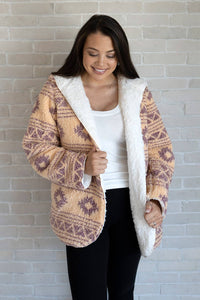 Imani Hooded Printed Sherpa Jacket Western Aztec Design Blush