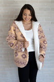 Imani Hooded Printed Sherpa Jacket Western Aztec Design Blush