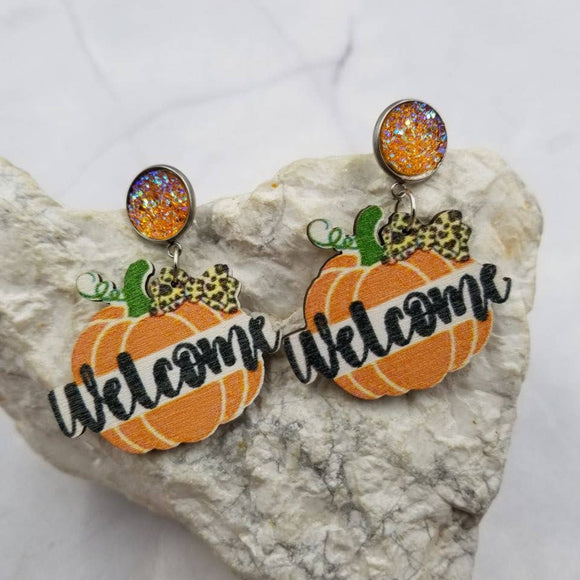 Welcome Fall Pumpkin Wood and Iridescent Druzy Stud Dangle Earrings