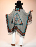 Southwest Western Aztec Border Ruana Wrap Shawl Gray