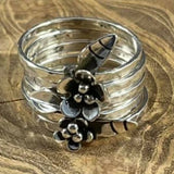 Stacked Sterling Silver Band Ring with Flower Details