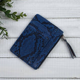 Molly Vegan Leather Snake Print Coin Zipper Tousled Pouch Blue Black