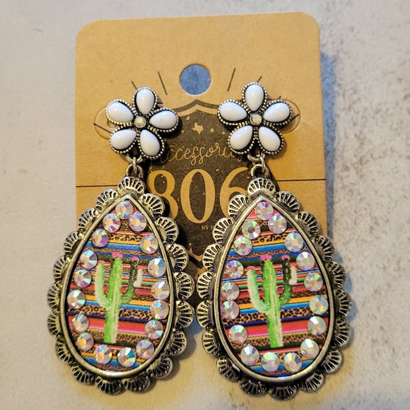 Western Southwestern Serape Crystal Cactus Flower Post Teardrop Earring