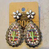 Western Southwestern Serape Crystal Cactus Flower Post Teardrop Earring