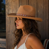 Cognac Faux Leather Hat Band with Silver-Tone Pyramid Studs