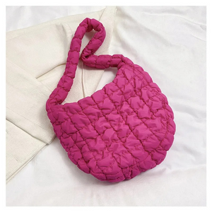 Nylon Puffer Solid Color Purse Tote Handbag Slouch Bag Hot Pink