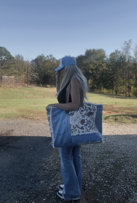 Myra Boho Western Cowgirl Floral Denim Leather Weekender Travel Shopper Bag