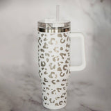 White Silver Metallic Leopard 40 oz Stainless Steel Tumbler Cup with Handle