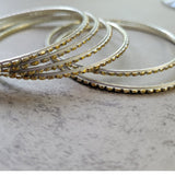 Silver with Gold Glitter Thin Metal Bangles Metallics Stack of 6