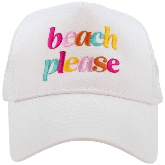 Beach Please Embroidered Graphic Foam Trucker Hat White