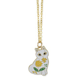 Sitting Pretty White Floral Cat Enamel Pendant Necklace