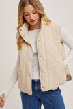 Button Down Quilted Puffer Vest with Pockets Creamy Beige