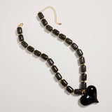 Colorful Beaded Heart Necklace | Multi-Color Barrel Bead Statement Necklace in Black