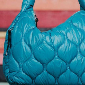 Deep Teal Wave Quilted Puffy Puffer Hobo Tote Bag