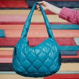 Deep Teal Wave Quilted Puffy Puffer Hobo Tote Bag