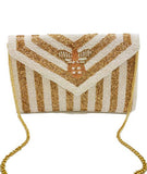 Gold & White Stripe Beaded Bee Clutch
