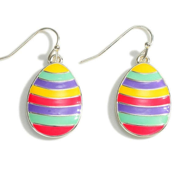 Blue Pink Yellow Striped Enamel Easter Egg Dangle Earrings