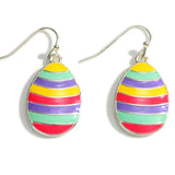 Blue Pink Yellow Striped Enamel Easter Egg Dangle Earrings