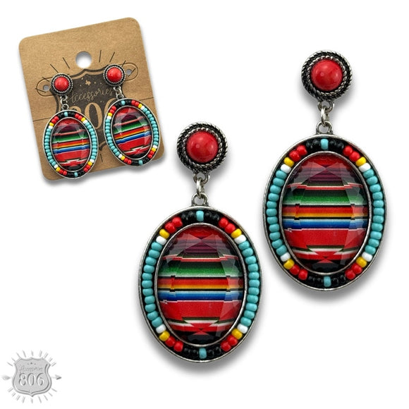Western Southwestern Serape Oval Seed Bead Dangle Earring