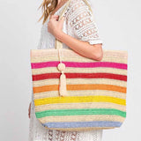 Pom Pom Tassel Rainbow Striped Straw Crochet Tote Bag in Pink