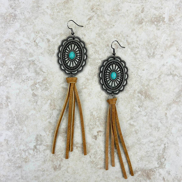 Silver Concho with Blue Turquoise Brown Leather Tassel Earrings