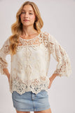 Boho Sheer Crochet Top - 3/4 Sleeve Lace Blouse Ivory