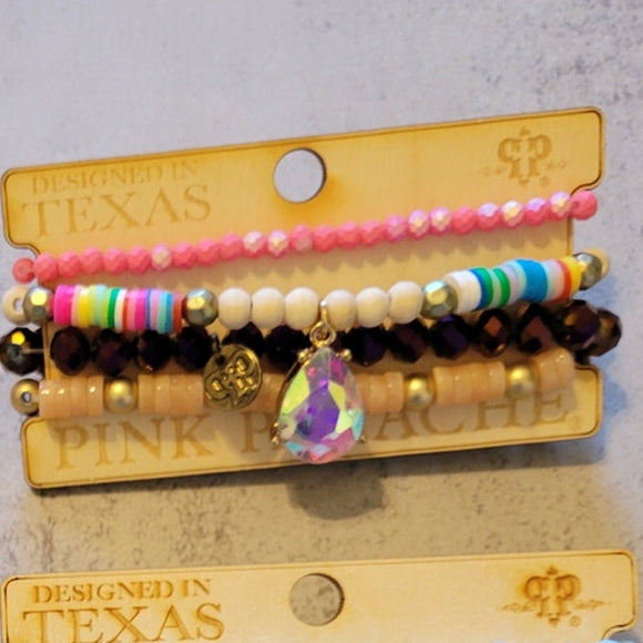 Beaded Stretch Stack Bracelet Set Pink Rainbow Purple Tan Gold