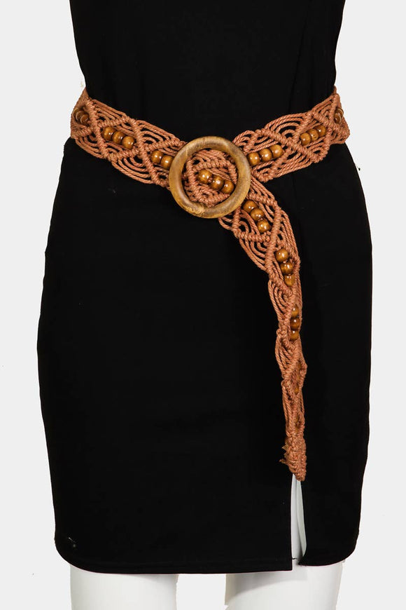 Boho Wooden Buckle Beaded Braid Belt Brown