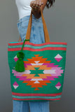 Green, Pink & Orange Western Woven Cotton Tote Bag | Boho Pom Tassel Tote
