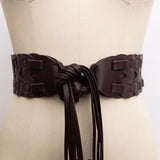 Wide Woven Vegan Leather Belt - Dark Brown Tie-Up Waist Belt