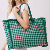 Gingham Check Terry Cloth Frayed Tote Bag in Pink & Green