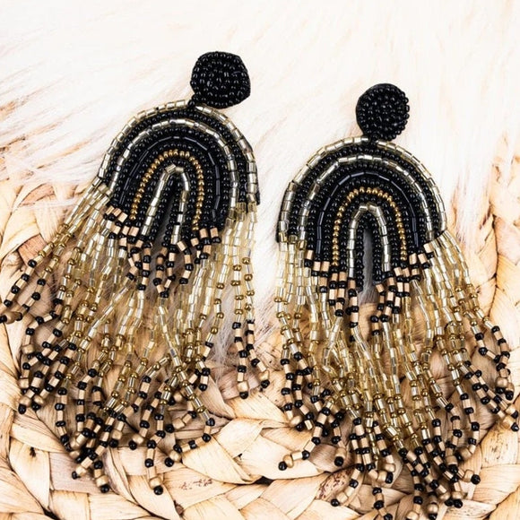 Reach For The Sky Black Seed Bead Fringe Earrings