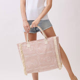 Boho Geometric Elephant Print Fringe Tote Bag in Dusty Pink