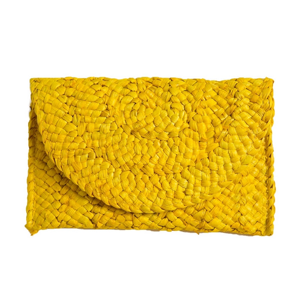 Eliza Rattan Woven Straw Clutch Yellow