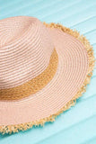Boho Fringe Edge Woven Straw Panama Sun Hat Pink Tan
