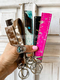 Western Hair On Cowhide Wristlet Keychain Pink with Silver Specks